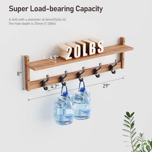 Tatub 29'' Coat Rack Wall Mount with Shelf, Wood Wall Hooks with Storage, Entryway Shelf with 5 Hangers for Bathroom, Living Room, Bedroom, Rustic Brown 7