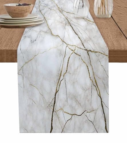Marble Table Runner-Cotton Linen-Long 108 inche White Gray Gold Dresser Scarves,Texture Tablerunner for Kitchen Coffee/Dining/Sofa/End Table Bedroom Home Living Room,Scarf Decor for Holiday Dinner