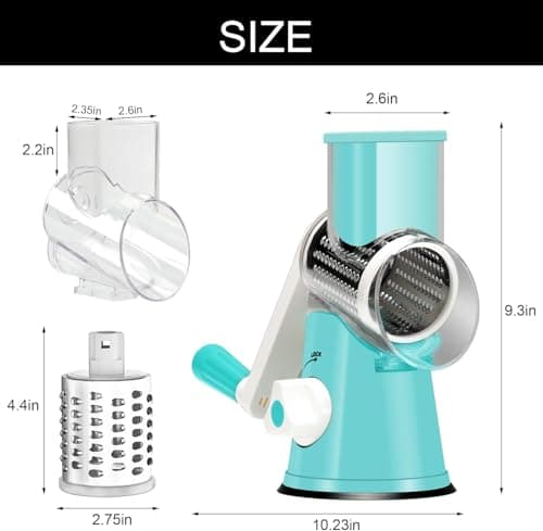 Cambom Rotary Cheese Grater Hand Crank Cheese Shredder for Fresh Cheese, Vegetable, Nuts,Non-slip Suction Base, Free Cleaning Brush Three Blades, Blue 5