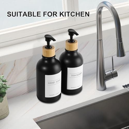 KASUNTING Hand Soap Dispenser Bathroom, Black Dish Soap Dispenser for Kitchen, 17 Fl Oz Plastic Hand and Dish Soap Dispensers Set with Bamboo Pump, 2 Pack Refillable Liquid Lotion Containers Bottle 6