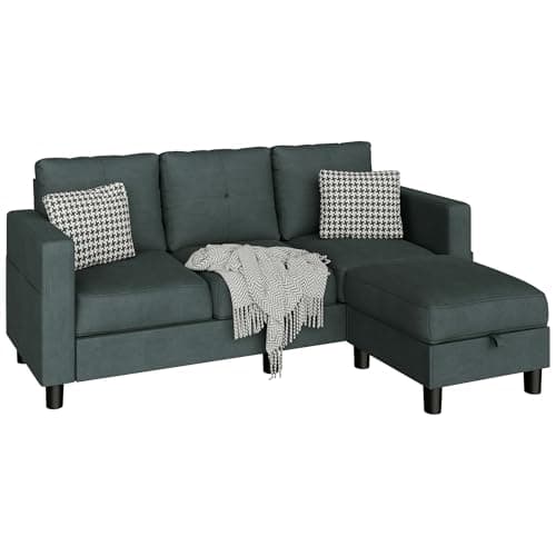 JAMFLY Convertible Sectional Couches for Living Room, L-Shaped Couch 3 Seat Sectional Sofa Set with Polyester Fabric and Movable Ottoman Small Couch for Apartments, Office, Dark Grey