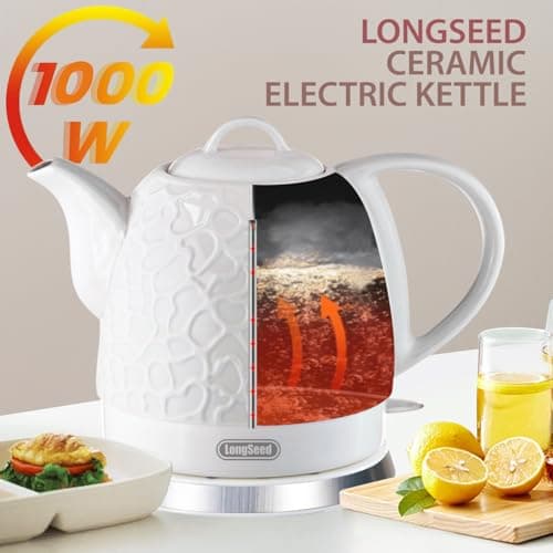 LONGSEED Ceramic Electric Kettle 1.0L(34oz), 1000W Fast Boiling, Automatic Shut-Off &, BPA-Free, Cordless Water Boiler, Boil Dry Protection, Pot with LED Indicator for Home Office Kitchen 8