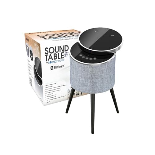 Soundstream STSW-180MCM-G Home End Table with Tempered Glass Swivel Top, 5 Channel Speaker System, Wireless Charging, USB Charging Port, Smart Corner Table with Surround Sound
