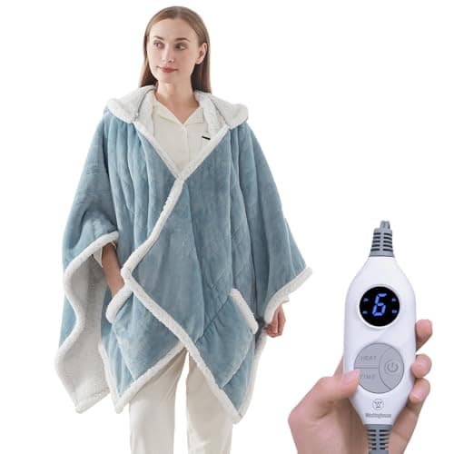 Westinghouse Wearable Heated Throw Blanket, Electric Heated Wrap Poncho Shawl with Pockets, 6 Heating Levels & 2 to 10 Hours Time Settings, 50 x 60 Inch, Light Blue