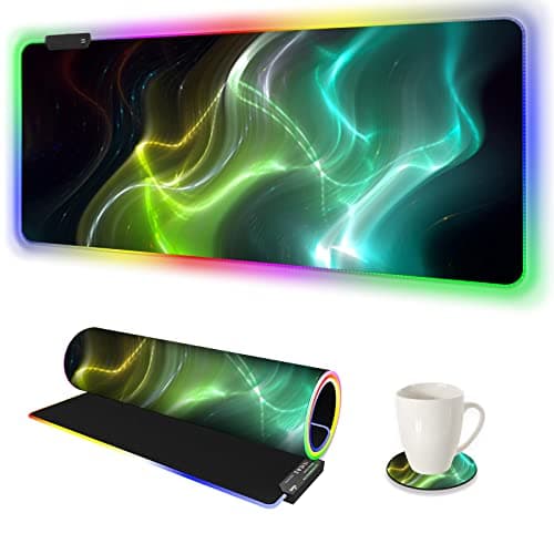 AIMSA Large Gaming Mouse Pad RGB, Keyboard Led Mousepad Extended 35.4 x 15.8 inch Non-Slip Rubber Base with 14 Lighting Modes, Big Desk Mat Waterproof, Cool Aurora