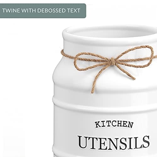 Barnyard Designs Ceramic Farmhouse Utensil Holder for Kitchen Counter, Large Rustic Utensil Crock, Countertop Cooking Tool Spatula Organizer, 6.75” (White) 8