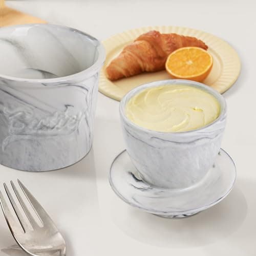 MSJGA Butter Crock for Counter with Water, French Butter Keeper for Spreadable Butter Marble Ceramic Butter Dish with Lid for Countertop, Butter Container Holder 7