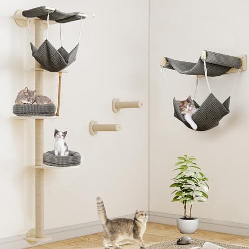 YITAHOME Tall Cat Tree Wall Mounted with Hammock, Cat Wall Shelves Furniture 5 Tiers Floating Climb for Indoor Cats, Wooden Cat Tower with Tall Scratching Posts Mat Removable Cushion, 78 inch 7
