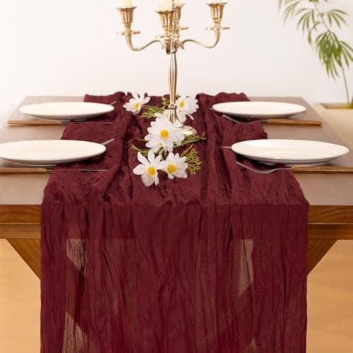 Socomi Burgundy Red Easter Spring Table Runner Cheesecloth Boho Rustic Gauze 120 inch 10FT Cheese Cloth Runner for Wedding Party Baby Shower Birthday Home Decor Holiday Decorations 5