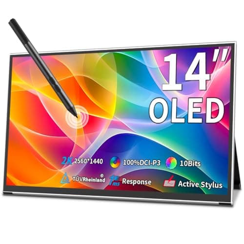 OLED Portable Monitor 14" 2K | 2560x1440 Portable Touchscreen Display|100% DCI-P3 | 10 Bits | AES Stylus Pen Support|Ultra-Slim| Kickstand| 1Ms OLED Gaming Monitor