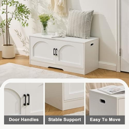 Shoe Bench, Entryway Storage Bench with 2 Doors, Shoe Rack Adjustable Shelves, Shoe Cabinet with Storage, 31.5" W x 13.8" D x 18.1" H for Entryway, Living Room, Hallway, Mudroom, Bedroom, White 8