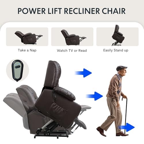 FLEXISPOT XL31 Power Lift Recliner Chair for Elderly, Electric Lift Chair with Massage & Heat, PU Leather Reclining Sofa w/Cup Holders for Living Room Bedroom, FSC Certified(Medium Size,Brown) 5