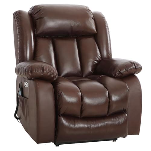 MAEVIS Large Lay Flat Sleeping Genuine Leather Power Lift Recliner Chairs for Elderly with Heat and Massage, with Dual OKIN Motor,Overstuffed Wide Recliners for Living Room,USB Ports (Brown) 6