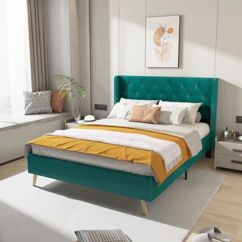 Chenoa Tufted Upholstered Platform Bed Frame with Linen Height Headboard, Wood slats, No Box Spring Needed Easy Assembly