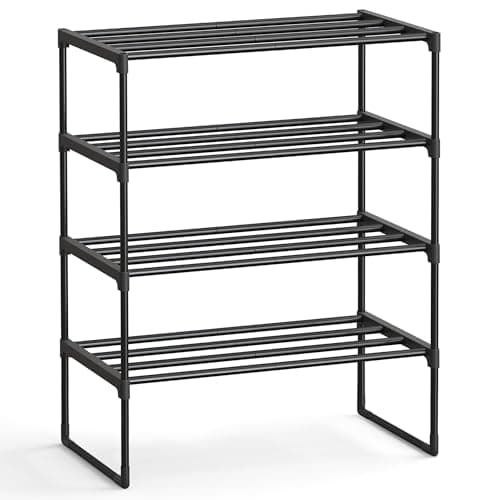 SONGMICS Shoe Rack, 4-Tier Shoe Organizer, Metal Storage Shelf, Upright or Upside Down, for 10-15 Pairs, Stackable, for Entryway, 11.8 x 26.8 x 28.4 Inches, Black ULSA204B01