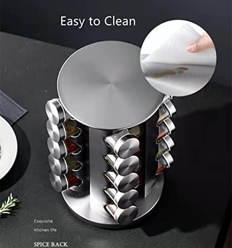 Kylinbigda 360-degree Rotating Glass and Stainless Steel Spice Rack with 20 Jars, Anti-Sprinkling Design, Great Gift 8