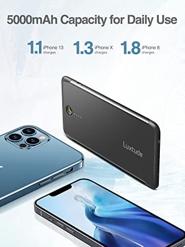 Luxtude Portable Charger iPhone Built in Lightning Cable (MFi Apple Certified), Ultra Slim Portable Phone Charger Thin Battery Pack, 5000mAh Power Bank for iPhone 14/13/12/11/10 etc. (Metal Black) 4