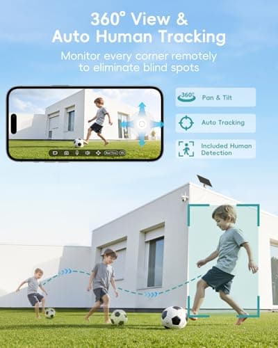 ZUMIMALL 24/7 Recording Solar Security Cameras Wireless Outdoor, 9W Solar Panel, AOV Cameras for Home Security, 360° Auto Tracking, 2K Color Night Vision, 2.4GHz WiFi, 512G Local Storage(Not Include) 6