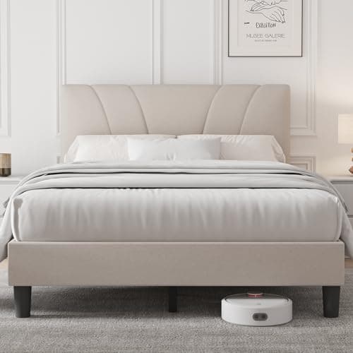 Novilla Queen Bed Frame with Headboard, Linen Upholstered Bed Frame Queen Size with Wood Slats Support, No Box Spring Needed, Heavy Duty Feet, Easy Assembly, Beige