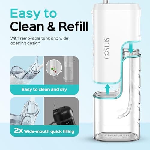 COSLUS T40 Mini Water Flosser for Travel: Portable Compact Design, Cordless Oral Irrigator with 4 Jet Tips Storable, IPX7 Waterproof for Braces, Orthodontic, Sensitive Gums Outing & Home, White 5