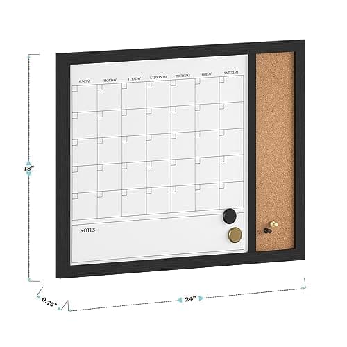 Martha Stewart Everette Magnetic Dry Erase Monthly Calendar and Cork Board Combo with Included Marker, Magnets, and Push Pins, 24"x18", Black Woodgrain Frame 7