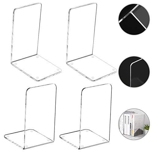 Lulonpon 4 Pieces Book Ends, Bookends, Books End for Shelves, Books End for Heavy Books, Clear Bookends, Acrylic Book Ends for School, Library,Desktop Organizer and Book Shelves