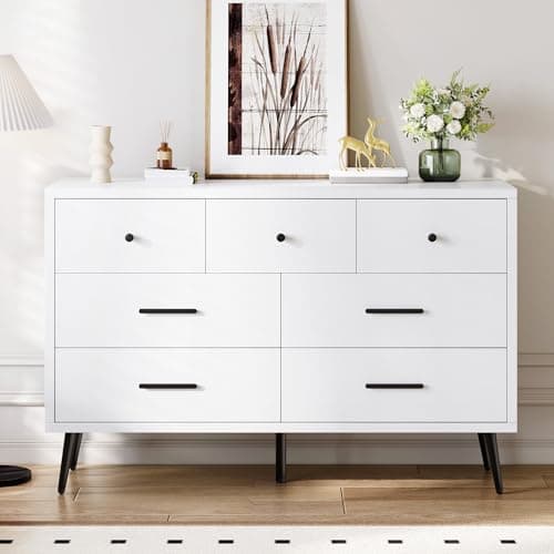 DWVO White 7 Drawer Dresser, 47" W Large Double Dresser Chest of Drawers, Modern Wood Storage Organizer with Black Metal Handles & Anti-Tipping Device for Hallway, Entryway