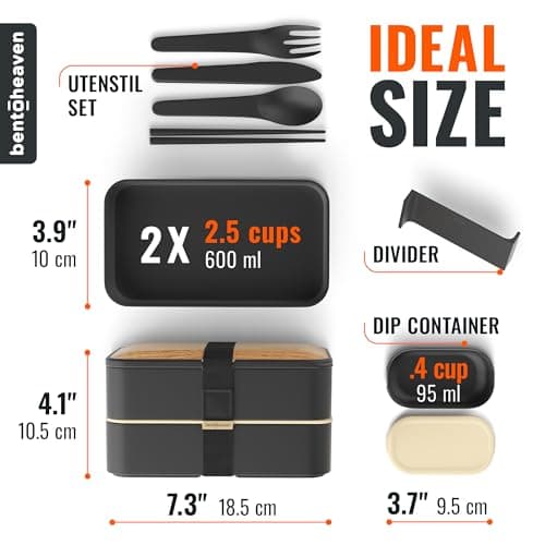 Bentoheaven Premium Bento Box Adult Lunch Box with Compartments for Women & Men, Set of Utensil & Chopsticks & Dip Container, Cute Japanese Kids Bento Lunch Box, Microwavable (Symph Onyx) 6