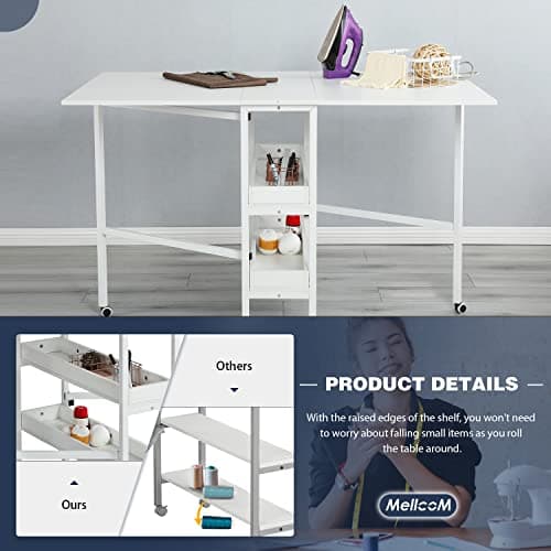 MELLCOM Home Hobby Craft Table with Storage Shelves, Mobile Folding Cutting Table for Large Fabric, Foldable Desk for Home Office Sewing Room Craft Room, Fixed Height 35.5in 7