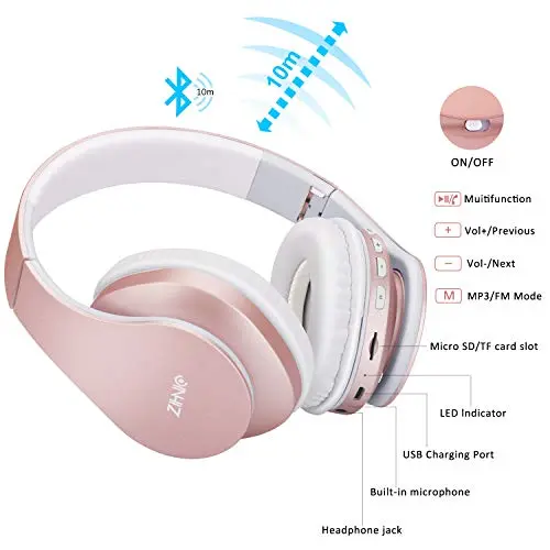 ZIHNIC Bluetooth Headphones Over-Ear, Foldable Wireless and Wired Stereo Headset Micro SD/TF, FM for Cell Phone,PC,Soft Earmuffs &Light Weight for Prolonged Wearing(Rose Gold) 6