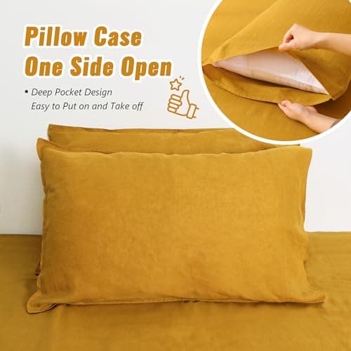 Linen World 100% French Natural Linen Pillowcase Set of 2 - Stone Washed,Moisture-Absorbing Queen Size Pillow Shams (20''x30''),Yellow 5