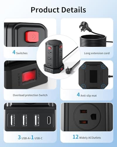 Power Strip Surge Protector, 10 Ft Extension Cord with 12 AC Multiple Outlets 4 USB (1 USB C), SMALLRT Power Tower Desktop Charging Station 4