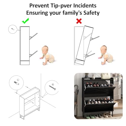 Maupvit Shoe Storage Cabinet with 2 Flip Drawers, Freestanding Organizer with Metal Legs for Entryway, Narrow Shoe Rack Cabinet, Black 7