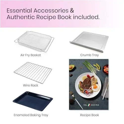 VAL CUCINA Retro Style Infrared Heating Air Fryer Toaster Oven, Extra Large Countertop Convection Oven 10-in-1 Combo, 6-Slice Toast, Enamel Baking Pan Easy Clean with Recipe Book, Classic Pink Color 6