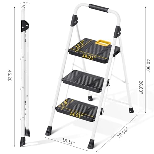 KINGRACK 3 Step Folding Ladder, 800lbs Capacity Step Stool with Safety Lock, Non-Skid Wide Pedals, and Handrail, Lightweight, Household Ladder for Home, Kitchen, Pantry, Closets, and Office Use, White 8