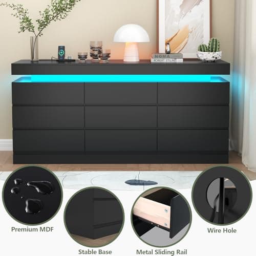 Gyfimoie 9 Drawer Dresser with Power Outlet, Dresser with LED Light, Modern Chest of Drawers for Closet, Double Wide Drawer Organizer Cabinet for Bedroom, Living Room (Black, 9 Drawers) 6