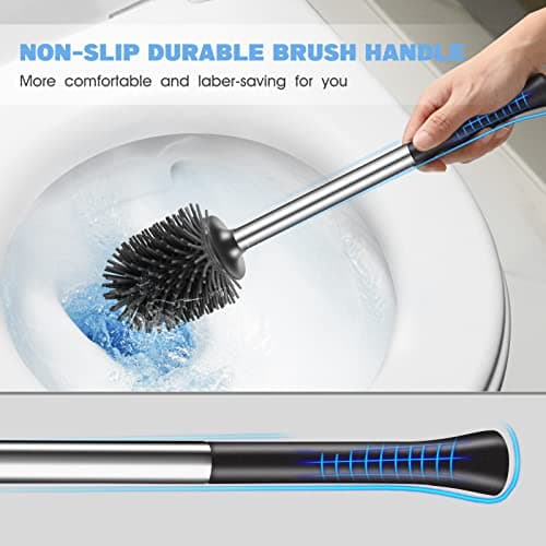 HAMITOR Toilet Bowl Brush Holder Set: Silicone Stainless Steel Deep Cleaning Toilet Cleaner Brush for Bathroom Restroom - Compact Modern Rv Toilet Scrubber Accessories with Caddy 6