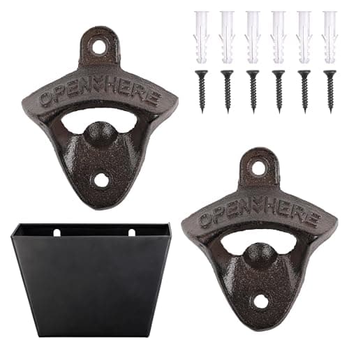 Cast Iron Wall Mounted Bottle Opener with Cap Catcher, Vintage Rustic Beer Opener with Self-Tapping Screws for Home Garden Bar KTV Hotel HE060A