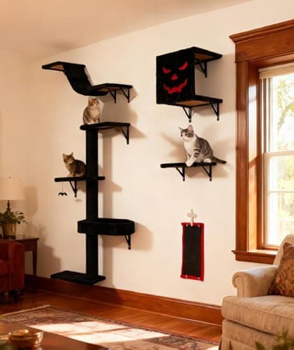 COZIWOW Wall-Mounted Cat Tree | Space-Saving Feline Furniture with Multiple Levels | Durable Scratch Post for Indoor Cats, Black&Red