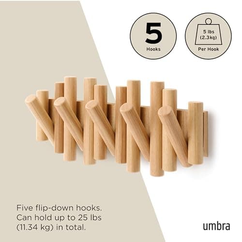 Umbra Picket Coat Rack Wall Mount – 5 Flip-Down Wood Coat Hooks, Modern & Functional Storage, Easy Install Wall Hooks, Natural 5