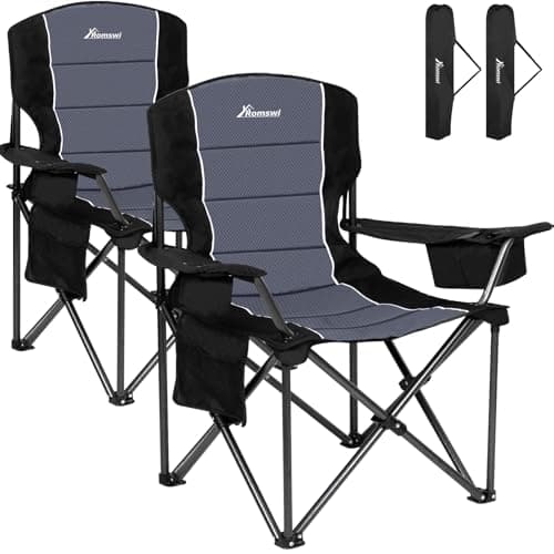 Romswi Oversized Camping Chairs,Heavy Duty Support 500 LBS,Padded Back & Arm Sport Chairs, Cup Holder Cooler Bag, Collapsible Folding Chairs for Outdoor, Fishing & Garden, Black,2-Pack