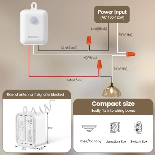 SURAIELEC Wireless Light Switch and Receiver Kit, Decorator Rocker Wall Switch, 15 AMP, 100FT RF Range, No Wiring No WiFi, Remote Control for Lighting, Neutral Wire Required (Upgrade Antenna Model) 5