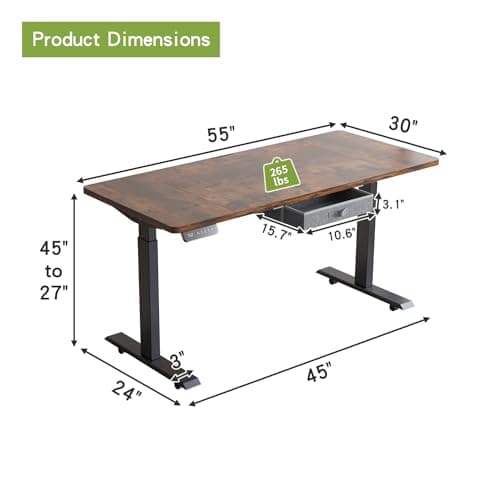 Radlove Dual Motors Height Adjustable 55 x 30'' Electric Standing Desk with Drawer Stand Up Table 4 Memory Keys, Computer Desk with Splice Board Home Office Desk, Rustic Brown Top + Black Frame 7