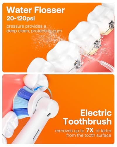 Bitvae Water Dental Flosser Teeth Picks, Cordless Water Flosser for Teeth, Braces, Dental Care and Rechargeable Rotary Electric Toothbrush Combo Set, 4 Tips, 4 Brush Heads, Waterproof, White, C5+R1 6