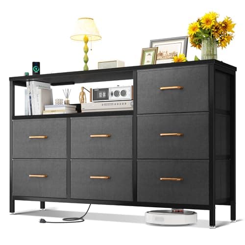 AODK Dresser with Charging Station, 52-Inch Long Dressers for Bedroom with 7 Large Fabric Drawers, TV Stand with Open Shelves for 55-Inch TV, Dark Grey