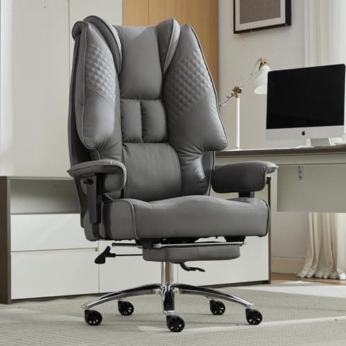EXCEBET Big and Tall Office Chair 400lbs Wide Seat, Leather High Back Executive Office Chair with Foot Rest, Ergonomic Chairs Lumbar Support for Lower Back Pain Relief (Grey)