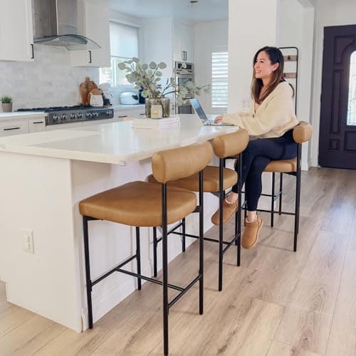 Nathan James Dahlia Counter Height Chair, Modern Barstool with Back, Mid-Century Metal Legs and Leather Padded Cushion for Kitchen, Island and Bars, Brown/Black 8