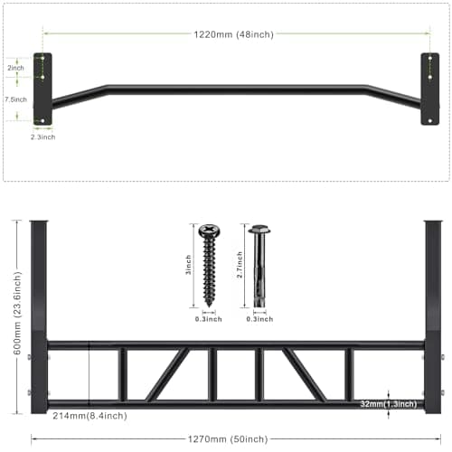 SELEWARE 48'' Multi-grip Pull Up Bar Wall Mount Heavy Duty Chin Up Bar with Hangers for Heavy Bag Home Gym Strength Workout Straps Support 500 lbs 7