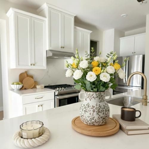 JIEMEI HOME Kitchen Utensil Holder with Handle, 6.85" Stable Pastoral Floral Ceramic Utensil Crock for Countertop, Utensil Organizer with Cork Bottom, Spatula Holder For Kitchen Decor, Green and Beige 9