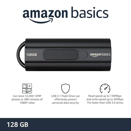 Amazon Basics 128 GB Ultra Fast USB 3.1 Flash Drive, Retractable, High-Speed Data Transfer Storage Device, Black 2